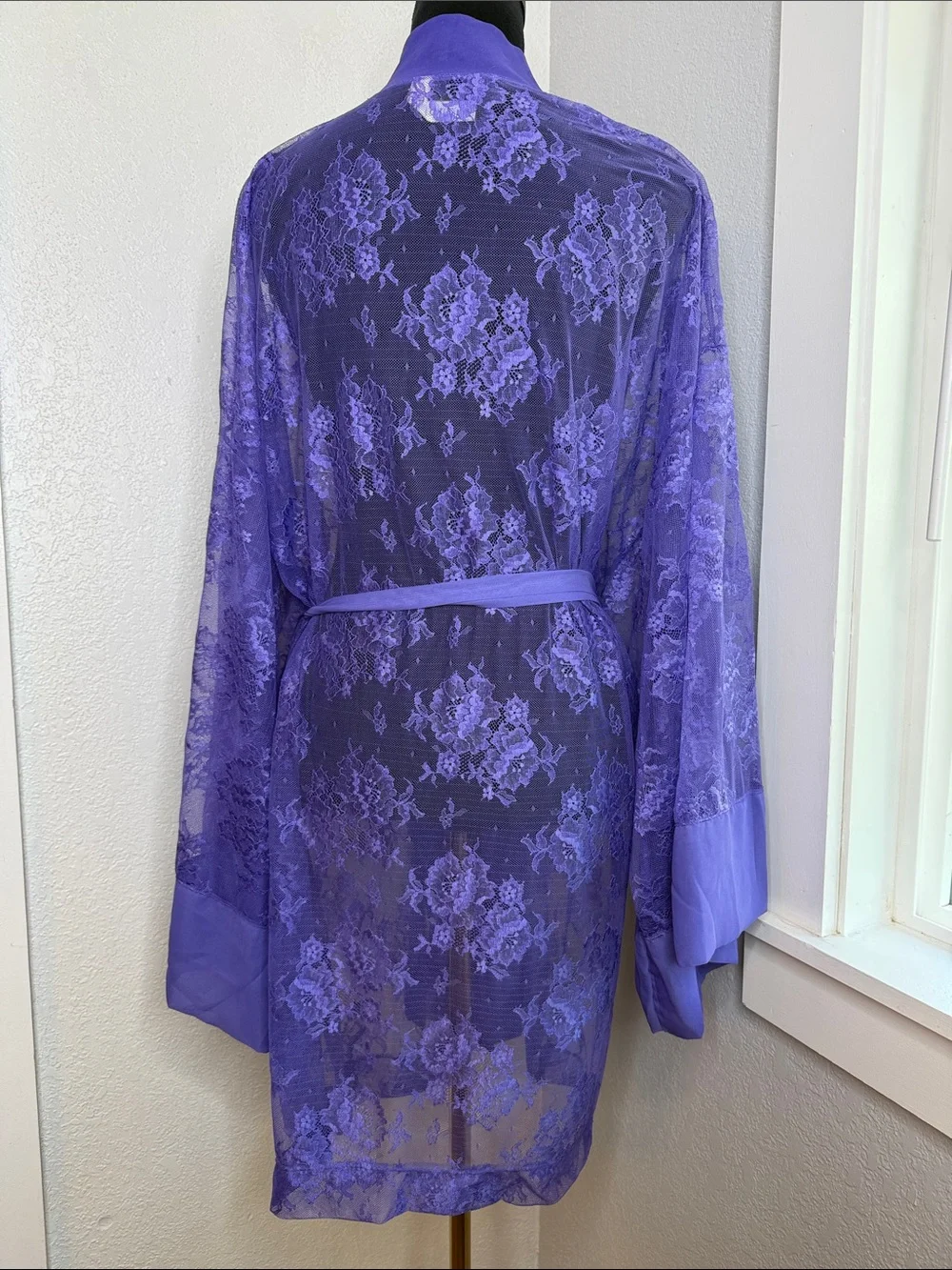 Cacique Purple Floral Lace Sheer Kimono Robe Belted Plus Size 22/24 Lingerie
